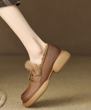 Brown Fuzzy Wool Lined Splicing Platform Loafers For Women