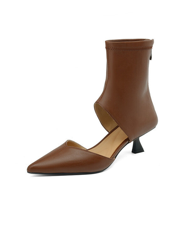 Brown High Heels Faux Leather Fashion Splicing Boots Hollow Out