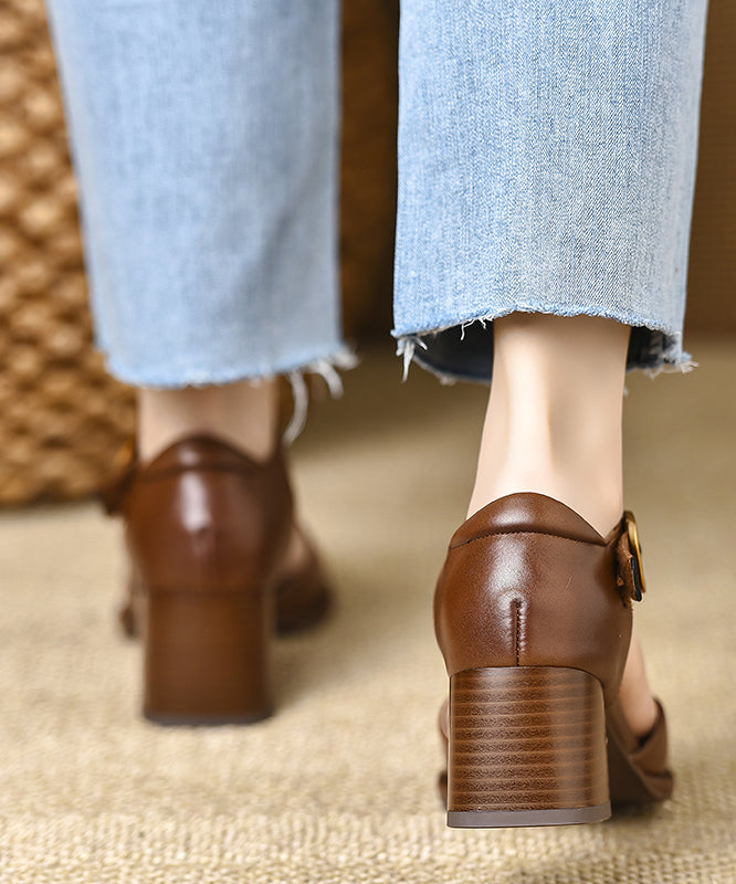 Brown Hollow Out Chunky Cowhide Leather Chic Splicing Sandals