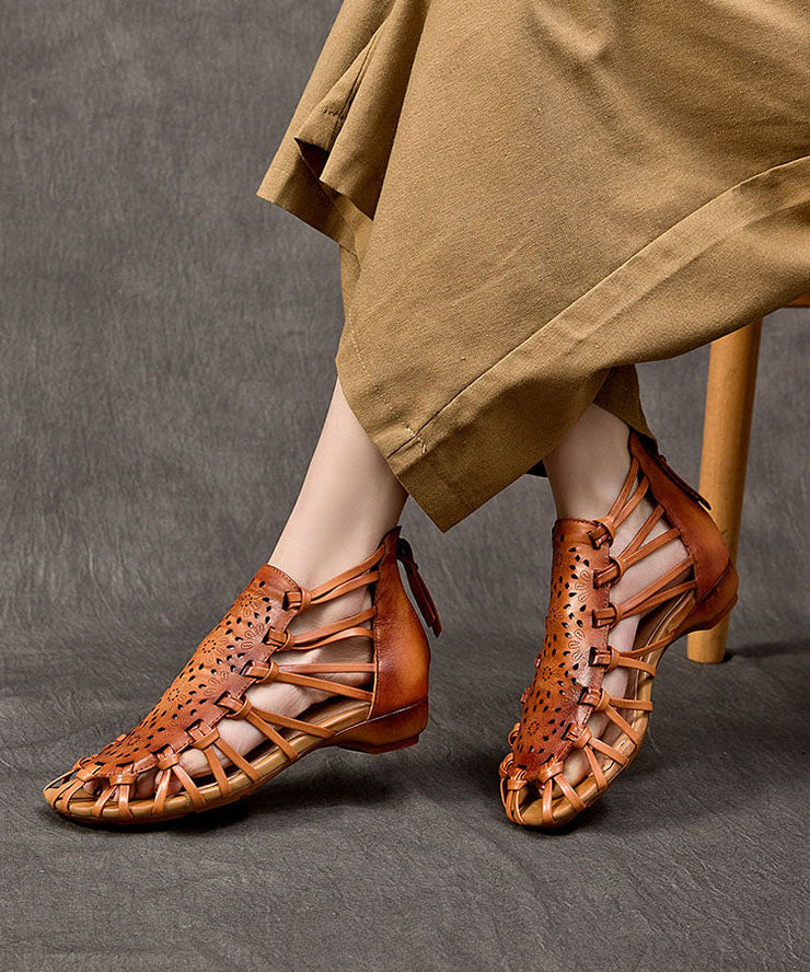 Brown Hollow Out Cowhide Leather 2025 Splicing Sandals