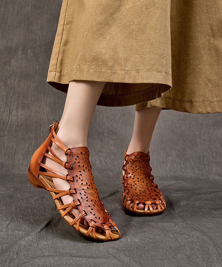 Brown Hollow Out Cowhide Leather 2025 Splicing Sandals