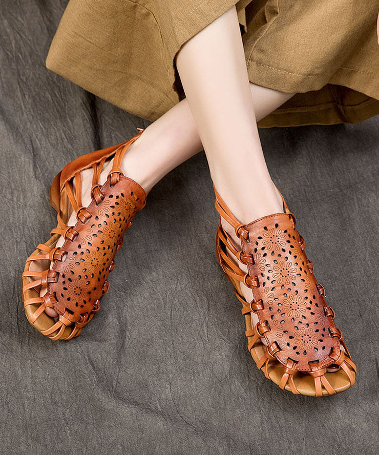 Brown Hollow Out Cowhide Leather 2025 Splicing Sandals