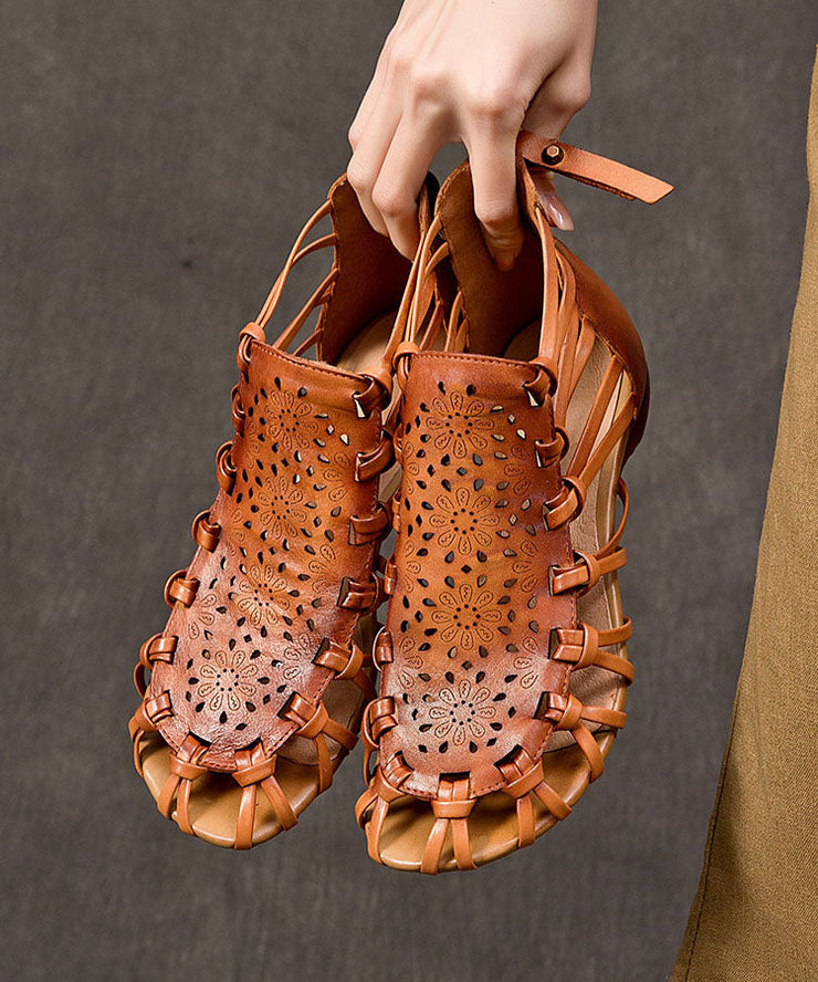 Brown Hollow Out Cowhide Leather 2025 Splicing Sandals