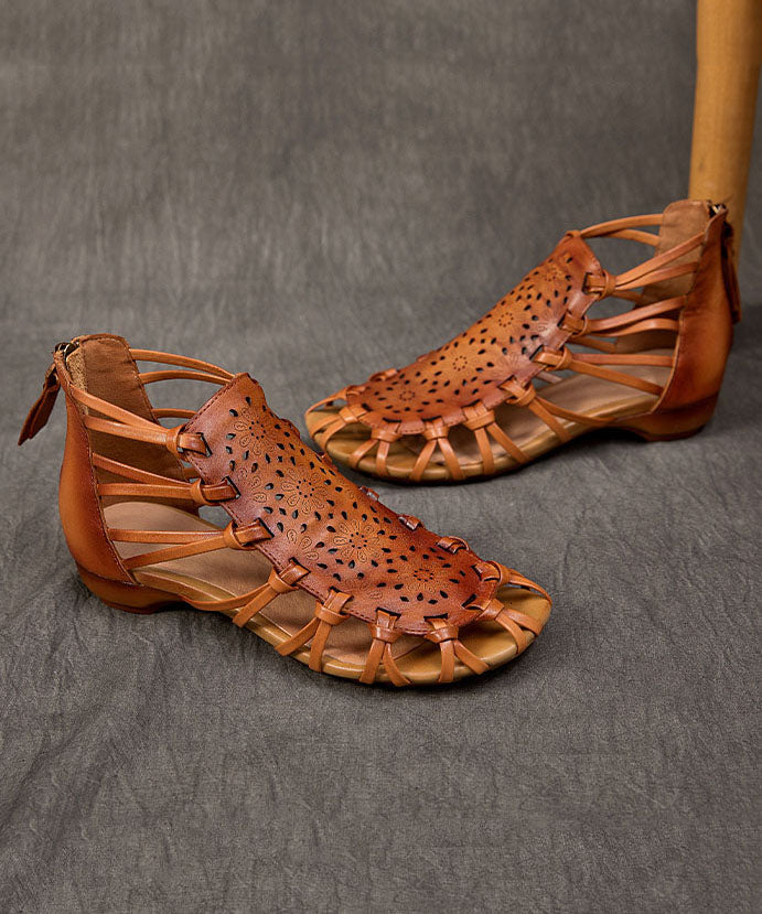 Brown Hollow Out Cowhide Leather 2025 Splicing Sandals