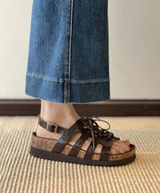 Brown Hollow Out Lace Up Splicing Platform Sandals Peep Toe