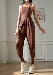 Brown Hollow Out Solid One Piece Workout Suit