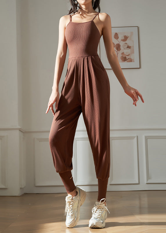 Brown Hollow Out Solid One Piece Workout Suit