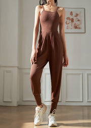 Brown Hollow Out Solid One Piece Workout Suit