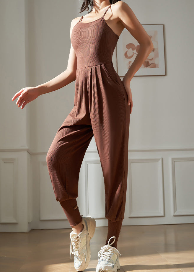 Brown Hollow Out Solid One Piece Workout Suit