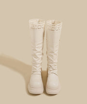 Brown Lace Splicing Wrinkled Faux Leather Chunky Boots