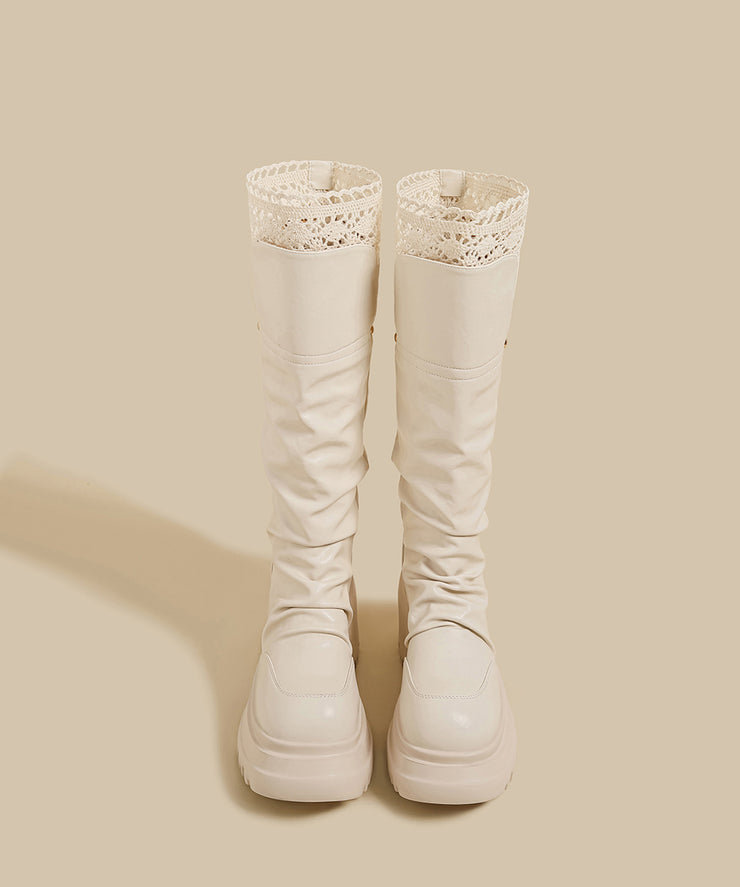 Brown Lace Splicing Wrinkled Faux Leather Chunky Boots