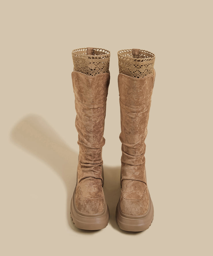 Brown Lace Splicing Wrinkled Faux Leather Chunky Boots