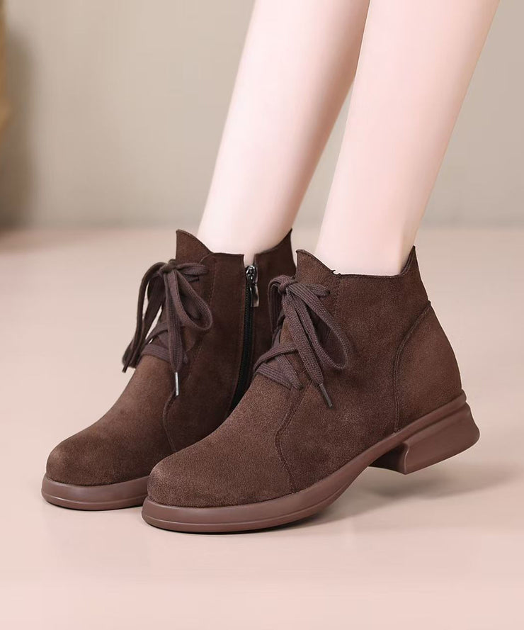 Brown Lace Up Chunky Suede Casual Splicing Boots