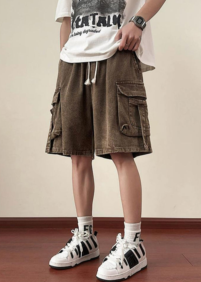 Brown Lace Up Solid Denim Summer Mens Shorts Elastic Waist