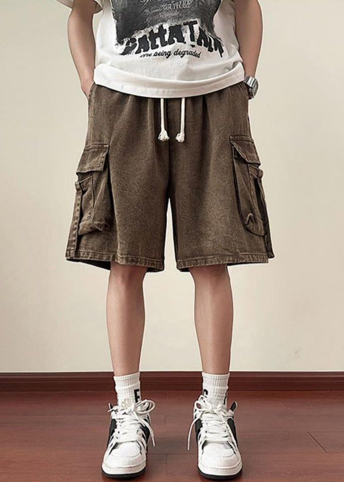 Brown Lace Up Solid Denim Summer Mens Shorts Elastic Waist