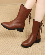 Brown Lace Up Splicing Cowhide Leather Chunky Boots