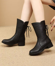 Brown Lace Up Splicing Cowhide Leather Chunky Boots