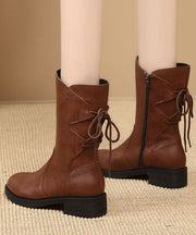 Brown Lace Up Splicing Cowhide Leather Chunky Boots