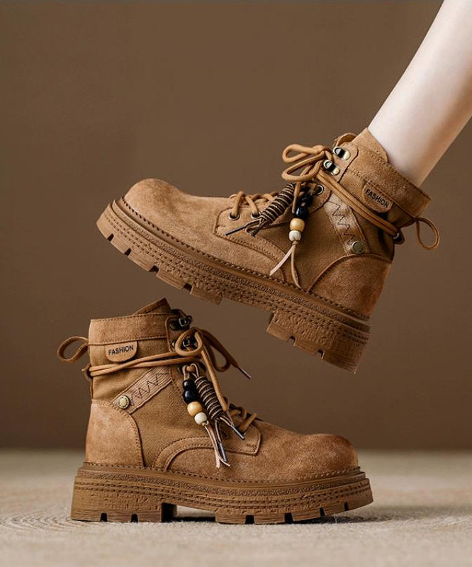 Brown Lace Up Zippered Splicing Platform Boots