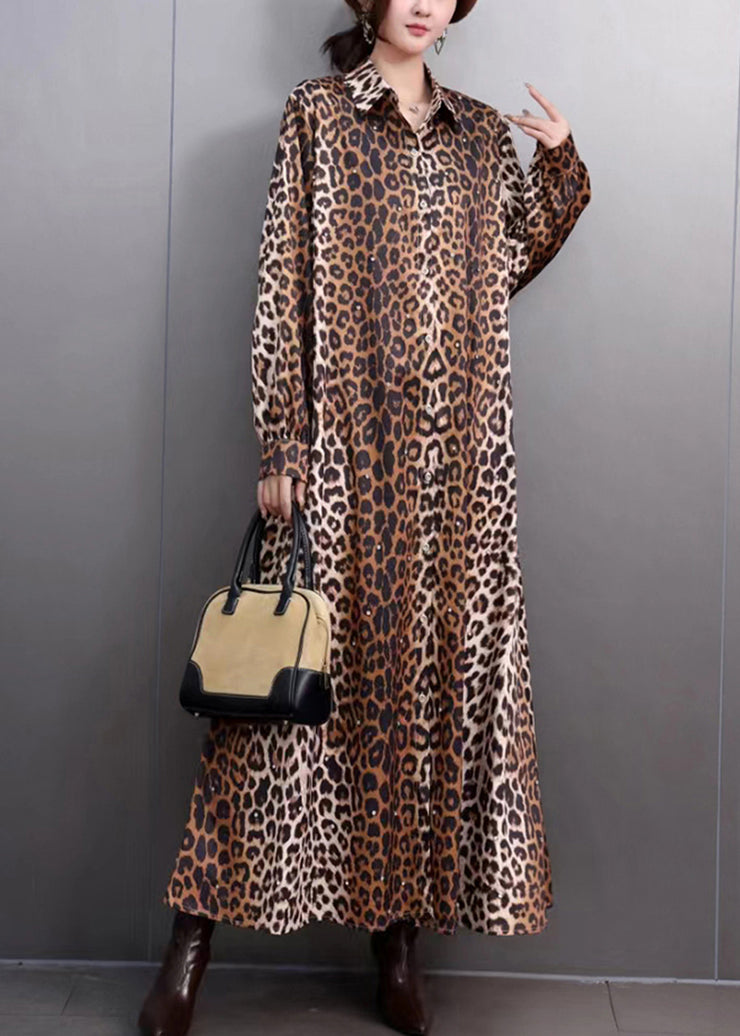 Brown Leopard Peter Pan Collar Long Dresses Peter Pan Collar Fall