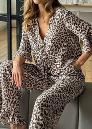 Brown Leopard Print Cotton Pajama Sets Lace Up Flare Sleeve