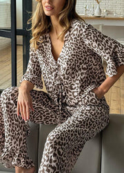 Brown Leopard Print Cotton Pajama Sets Lace Up Flare Sleeve