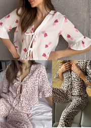 Brown Leopard Print Cotton Pajama Sets Lace Up Flare Sleeve