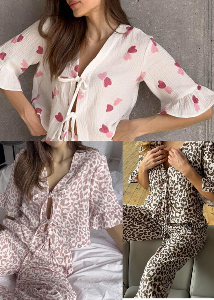 Brown Leopard Print Cotton Pajama Sets Lace Up Flare Sleeve