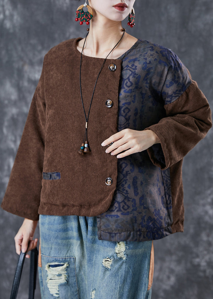 Brown Patchwork Fine Cotton Filled Parka Jacket Asymmetrical Winter