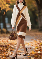 Brown Patchwork Knitwear Dress Turtle Neck Winter