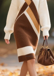 Brown Patchwork Knitwear Dress Turtle Neck Winter