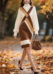 Brown Patchwork Knitwear Dress Turtle Neck Winter