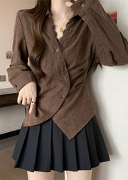 Brown Patchwork Silk Top Asymmetrical Design Fall