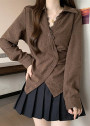 Brown Patchwork Silk Top Asymmetrical Design Fall