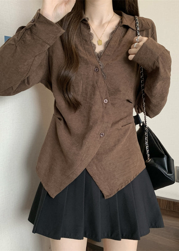 Brown Patchwork Silk Top Asymmetrical Design Fall