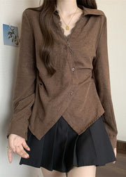 Brown Patchwork Silk Top Asymmetrical Design Fall
