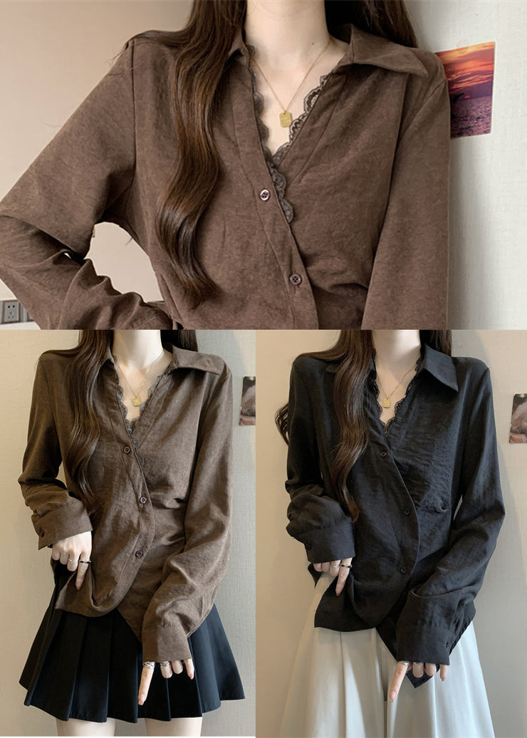 Brown Patchwork Silk Top Asymmetrical Design Fall