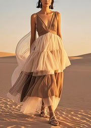 Brown Patchwork Tulle Sundress V Neck Summer