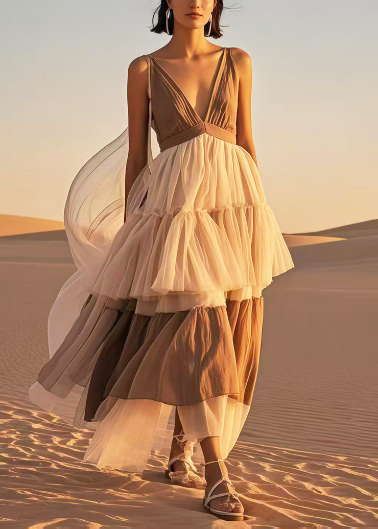 Brown Patchwork Tulle Sundress V Neck Summer