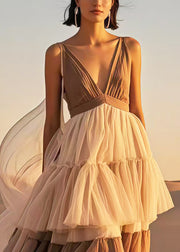 Brown Patchwork Tulle Sundress V Neck Summer