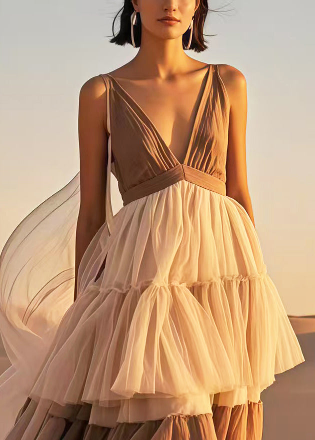 Brown Patchwork Tulle Sundress V Neck Summer