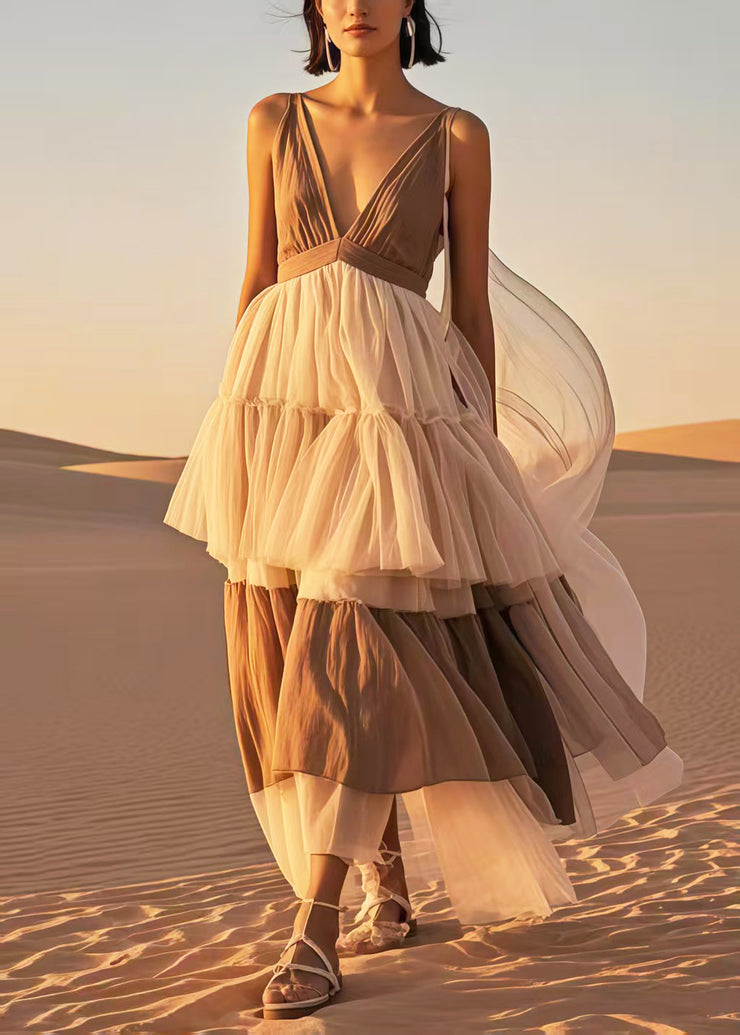 Brown Patchwork Tulle Sundress V Neck Summer