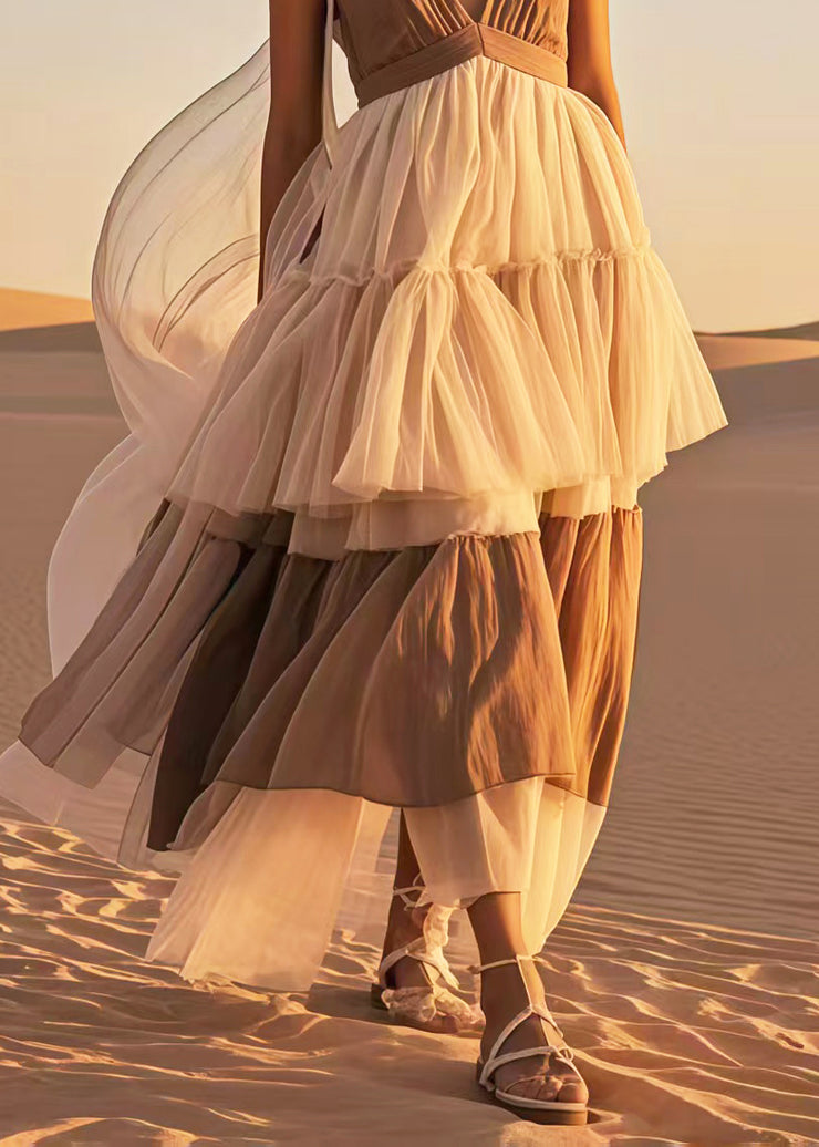 Brown Patchwork Tulle Sundress V Neck Summer
