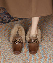 Brown Penny Loafers Cowhide Leather Elegant Splicing Fuzzy Wool Lined