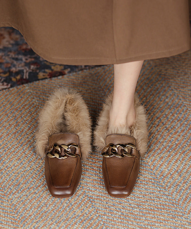 Brown Penny Loafers Cowhide Leather Elegant Splicing Fuzzy Wool Lined