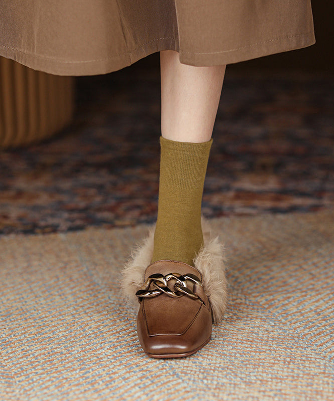 Brown Penny Loafers Cowhide Leather Elegant Splicing Fuzzy Wool Lined