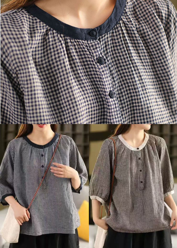 Brown Plaid Linen Top Oversized Half Sleeve