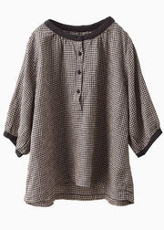 Brown Plaid Linen Top Oversized Half Sleeve