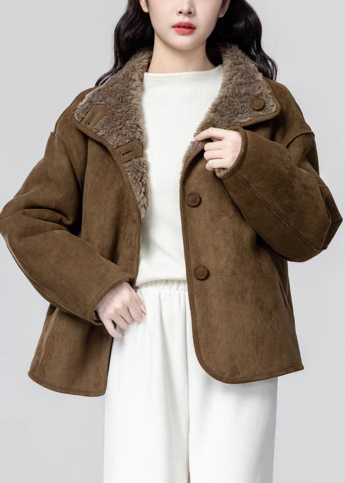 Brown Pockets Wear On Both Sides Fluffy Faux Suede Coats Stand Collar