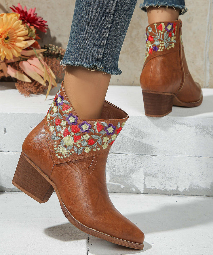 Brown Pointed Toe Splicing Faux Leather Chunky Flat Boots Embossed